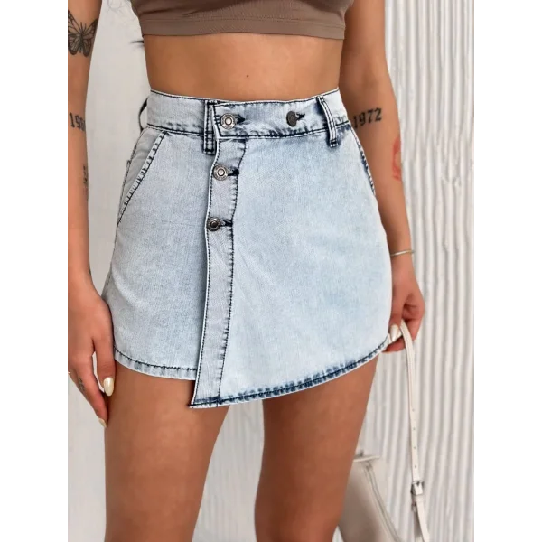 Kot Jeans Kesimetrik Kesim Cepli Şortlu Etek - Gri