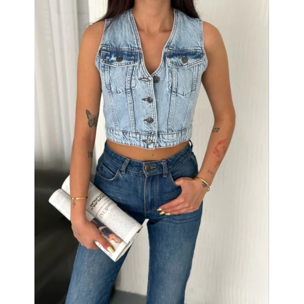 Kot Jeans Yelek - Buz Mavisi