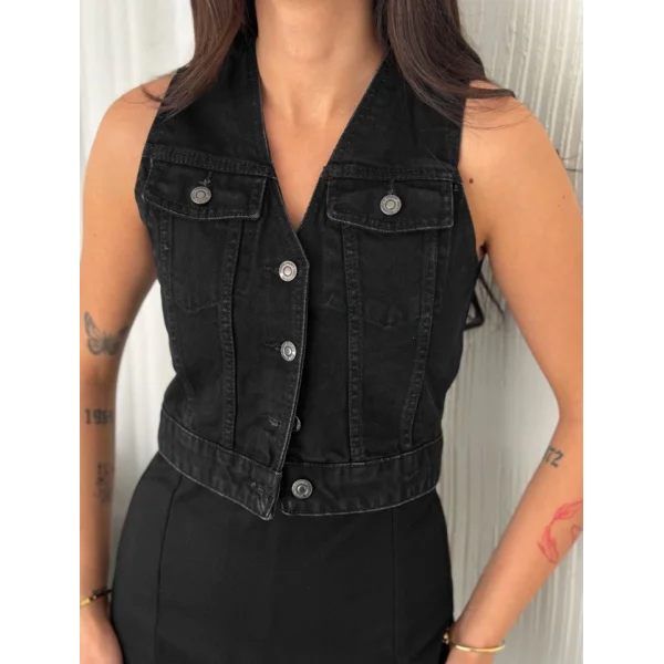 Kot Jeans Yelek - Siyah