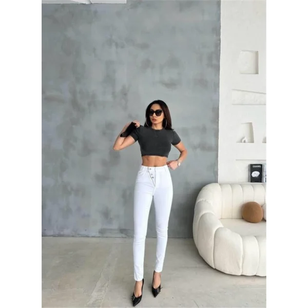 KOT PANTOLON DÜĞME VE FERMUAR TASARIMLI  Beyaz