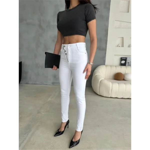 KOT PANTOLON DÜĞME VE FERMUAR TASARIMLI  Beyaz