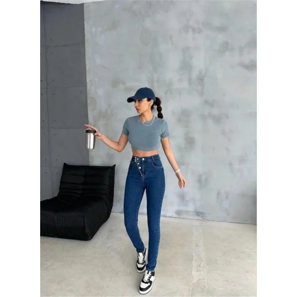 KOT PANTOLON DÜĞME VE FERMUAR TASARIMLI  Mavi