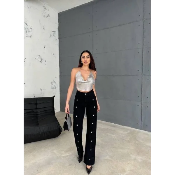 KOT PANTOLON YANLARI DÜĞME DETAYLI - Siyah