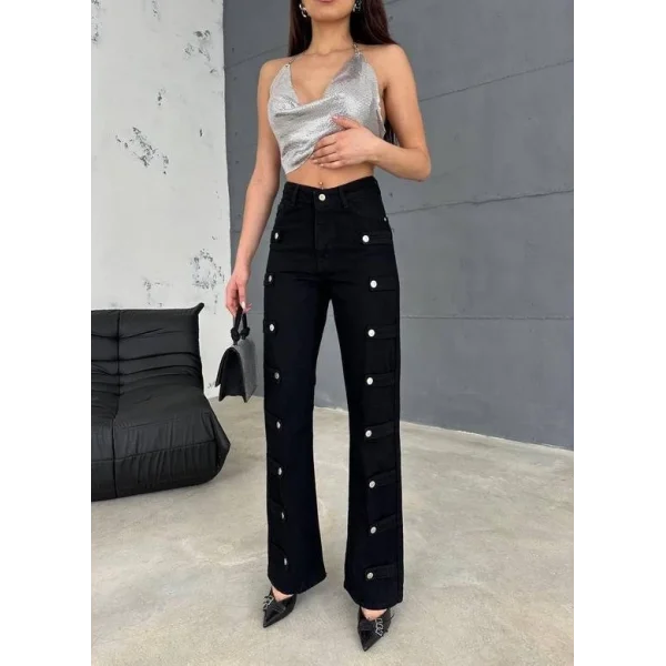 KOT PANTOLON YANLARI DÜĞME DETAYLI - Siyah