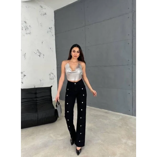 KOT PANTOLON YANLARI DÜĞME DETAYLI - Siyah