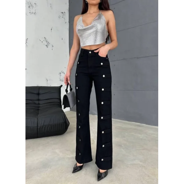 KOT PANTOLON YANLARI DÜĞME DETAYLI - Siyah