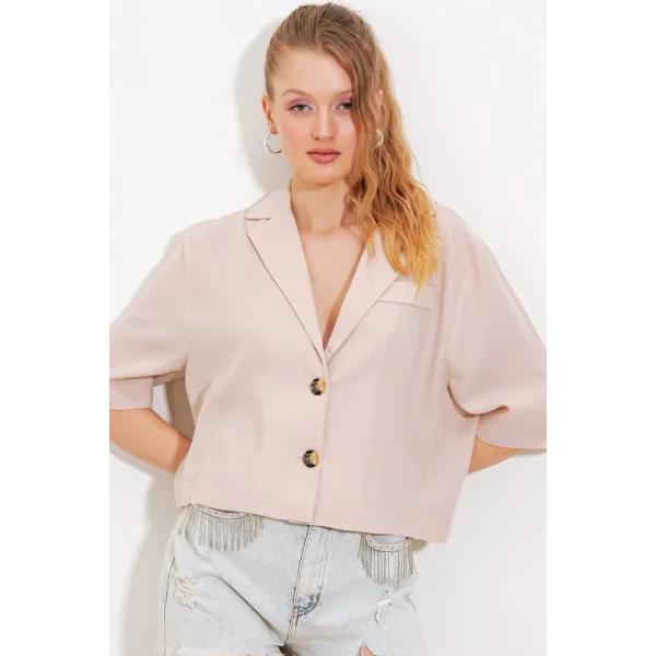 Krem Çift Düğmeli Oversize Crop Keten Ceket 0706