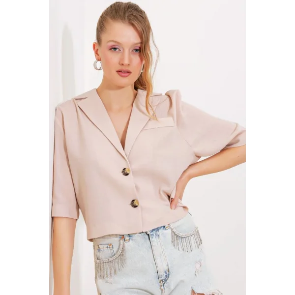 Krem Çift Düğmeli Oversize Crop Keten Ceket 0706