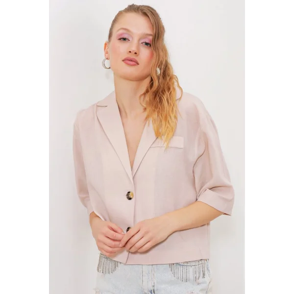 Krem Çift Düğmeli Oversize Crop Keten Ceket 0706