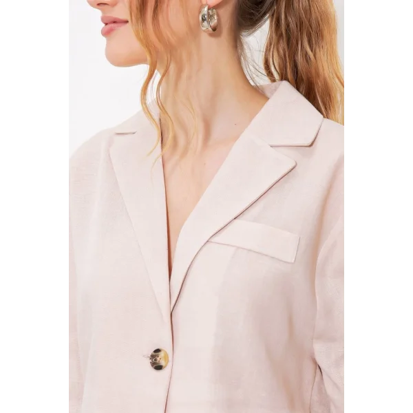 Krem Çift Düğmeli Oversize Crop Keten Ceket 0706