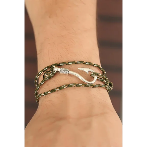 Krem Çizgi Desenli Metal Kancalı Erkek Bileklik