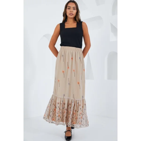 Krem Desenli Şifon Etek 8010