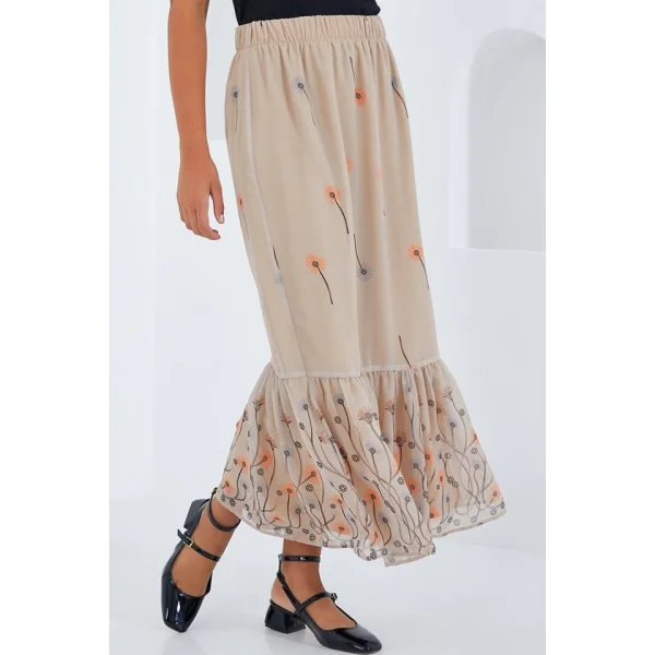 Krem Desenli Şifon Etek 8010