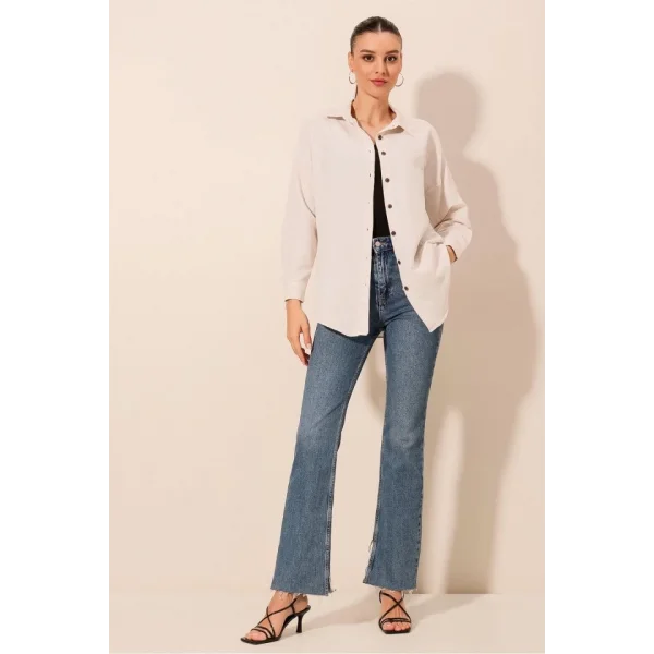 Krem Düz Oversize Uzun Basic Gömlek 3900