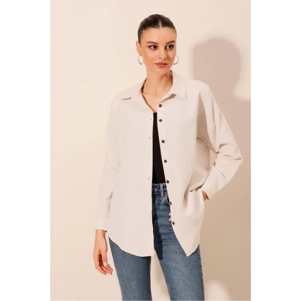 Krem Düz Oversize Uzun Basic Gömlek 3900
