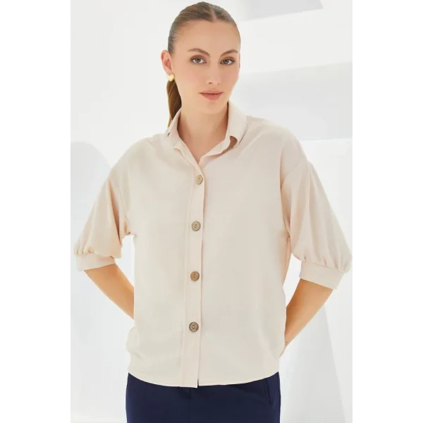 Krem Kısa Kol Oversize Keten Gömlek 202
