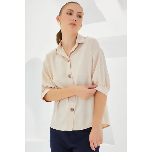 Krem Kısa Kol Oversize Keten Gömlek 202