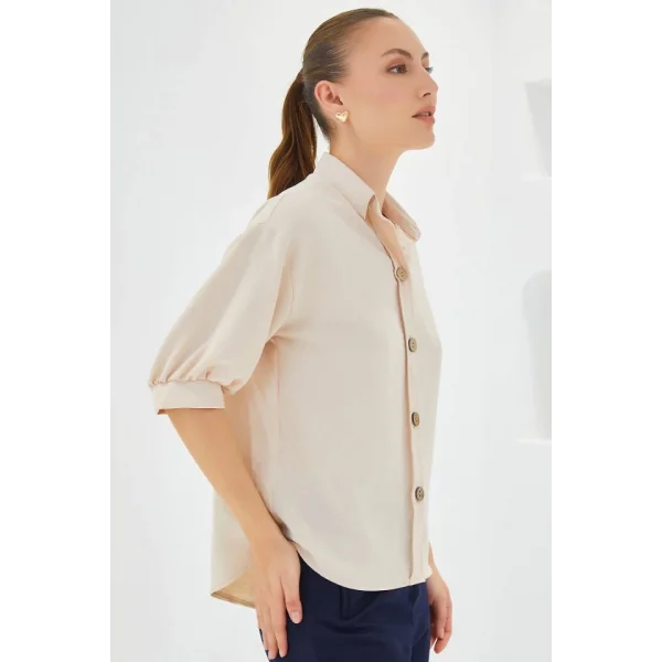 Krem Kısa Kol Oversize Keten Gömlek 202