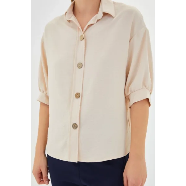 Krem Kısa Kol Oversize Keten Gömlek 202
