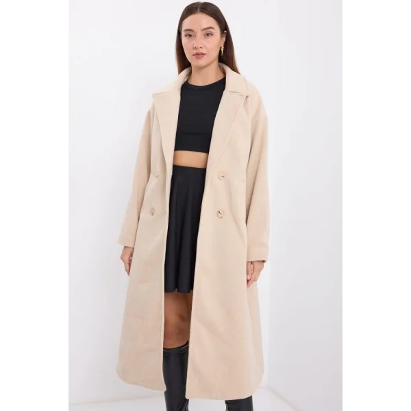 Krem Oversize Geniş Kesim Yünlü Uzun Kaşe Kaban 9113