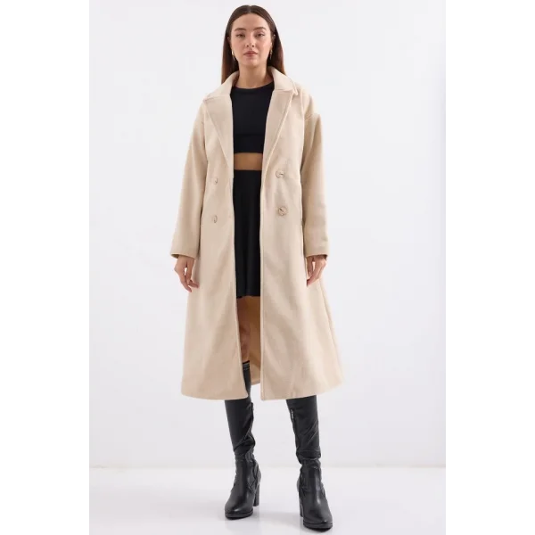 Krem Oversize Geniş Kesim Yünlü Uzun Kaşe Kaban 9113