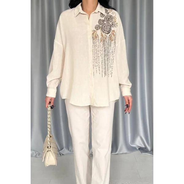 Krem Pulpayet Nakışlı Bedensiz Gömlek