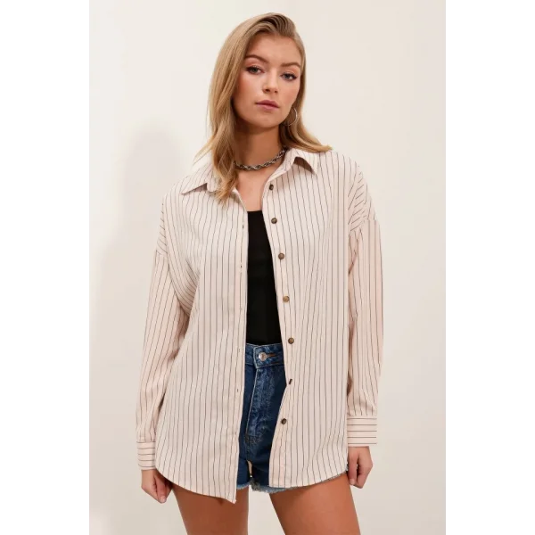 Krem Siyah Çizgili Oversize Uzun Basic Gömlek 3900