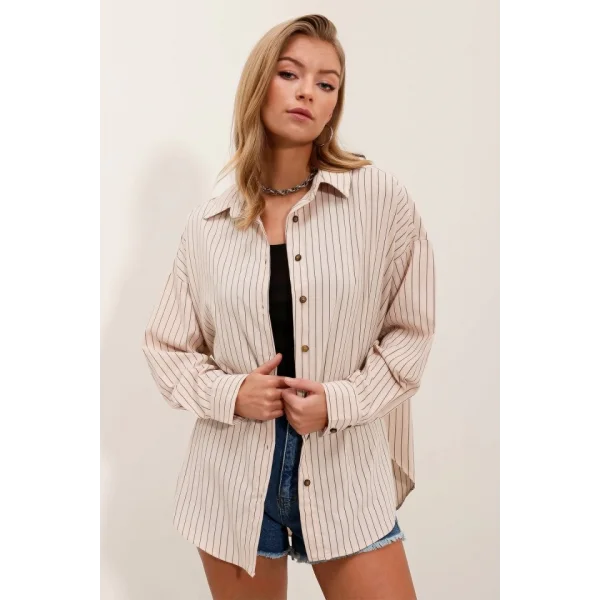 Krem Siyah Çizgili Oversize Uzun Basic Gömlek 3900
