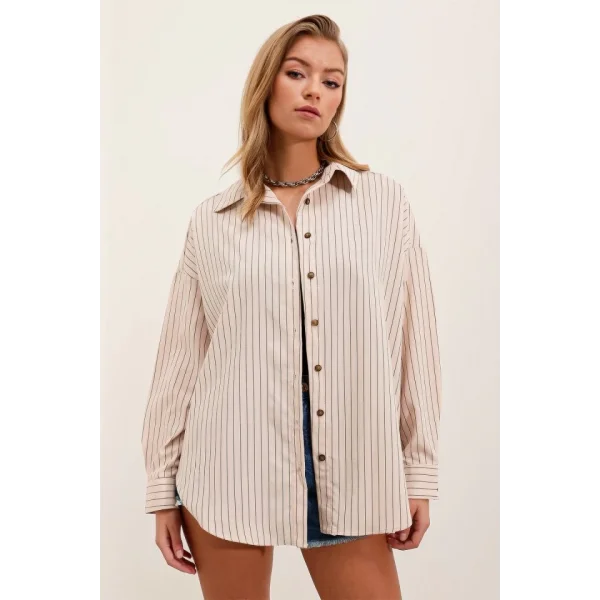 Krem Siyah Çizgili Oversize Uzun Basic Gömlek 3900