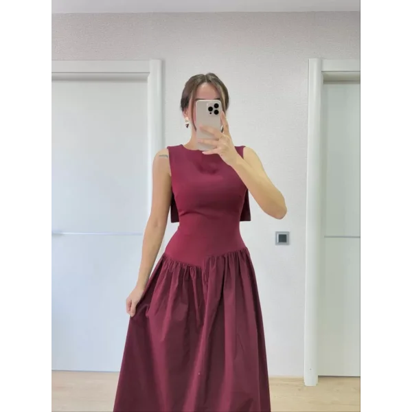 Krep Arkası Kanat Arka Ön Pens Detaylı Uzun Kadın Elbise - Bordo