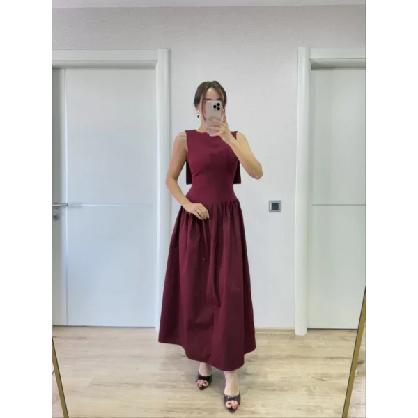 Krep Arkası Kanat Arka Ön Pens Detaylı Uzun Kadın Elbise - Bordo