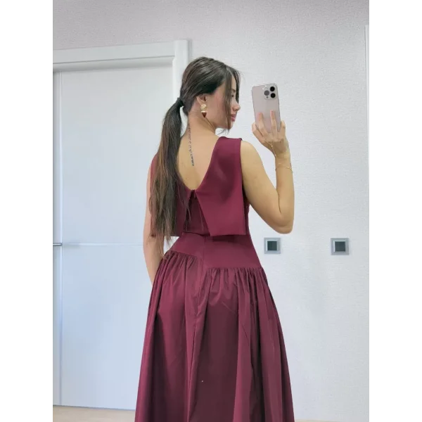 Krep Arkası Kanat Arka Ön Pens Detaylı Uzun Kadın Elbise - Bordo
