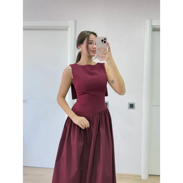 Krep Arkası Kanat Arka Ön Pens Detaylı Uzun Kadın Elbise - Bordo