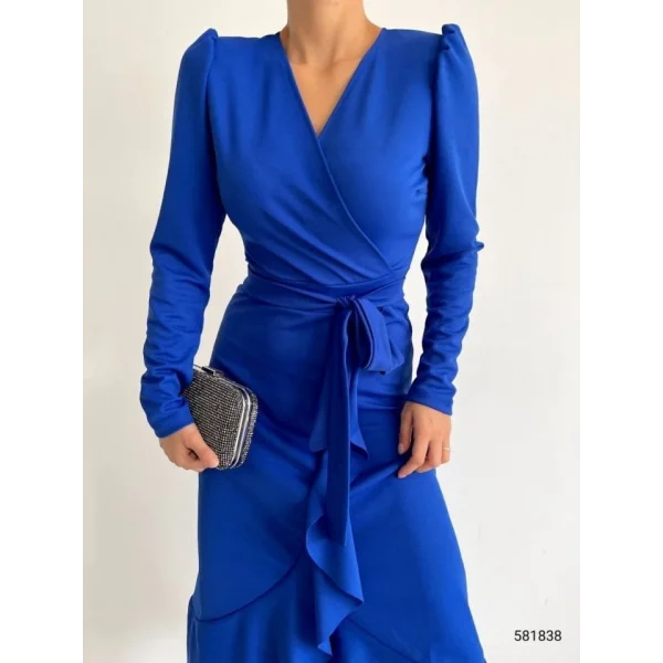 Krep Kumaş idi Boy Kuşaklı Uzunkol Elbise