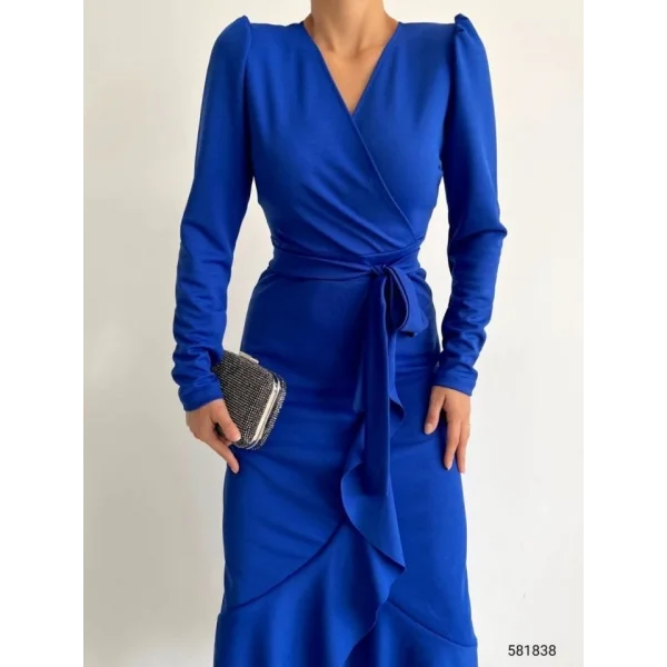 Krep Kumaş idi Boy Kuşaklı Uzunkol Elbise