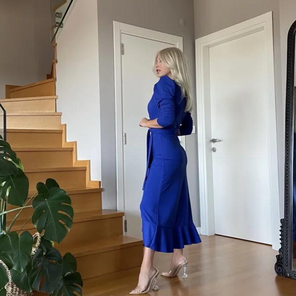 Krep Kumaş idi Boy Kuşaklı Uzunkol Elbise