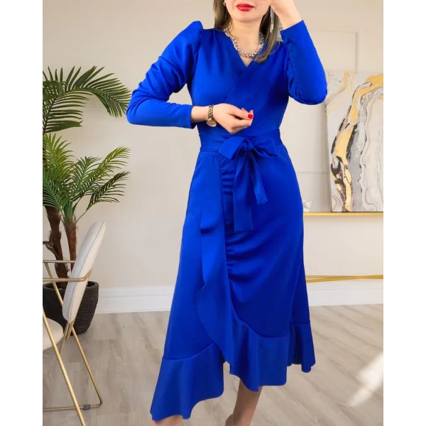 Krep Kumaş idi Boy Kuşaklı Uzunkol Elbise