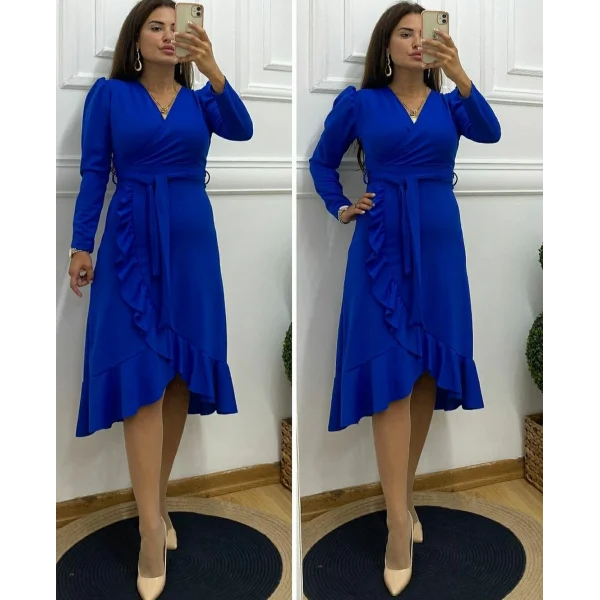 Krep Kumaş idi Boy Kuşaklı Uzunkol Elbise