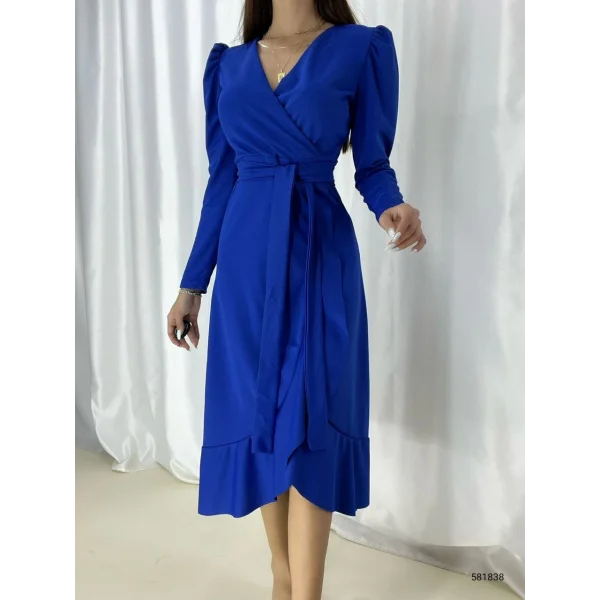 Krep Kumaş idi Boy Kuşaklı Uzunkol Elbise