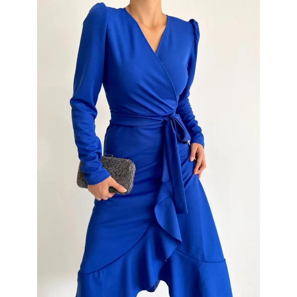 Krep Kumaş idi Boy Kuşaklı Uzunkol Elbise