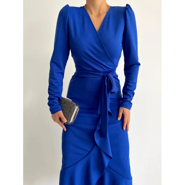 Krep Kumaş idi Boy Kuşaklı Uzunkol Elbise