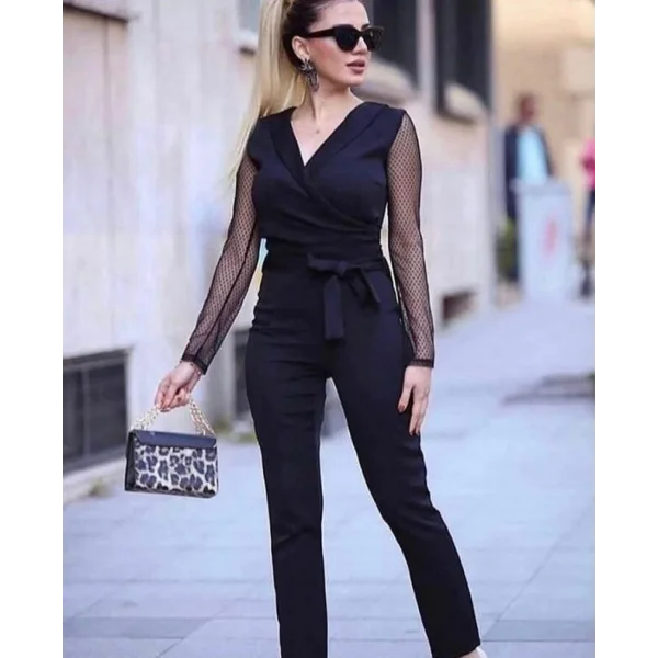 Krep Kumaş Kol Tül Puan Detaylı Kuşaklı Tulum 141 Cm