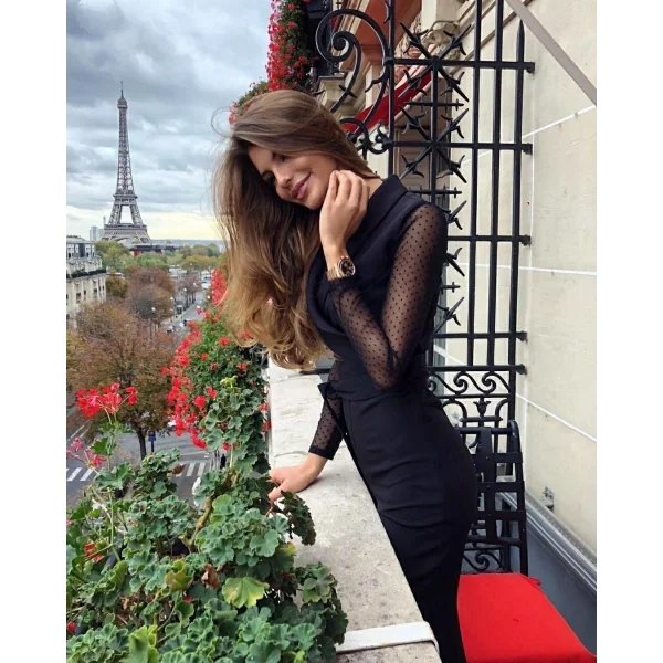 Krep Kumaş Kol Tül Puan Detaylı Kuşaklı Tulum 141 Cm