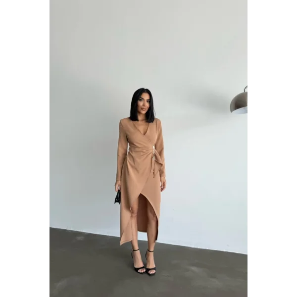 KRUVAZE BROŞ DETAYLI ELBİSE - Bej