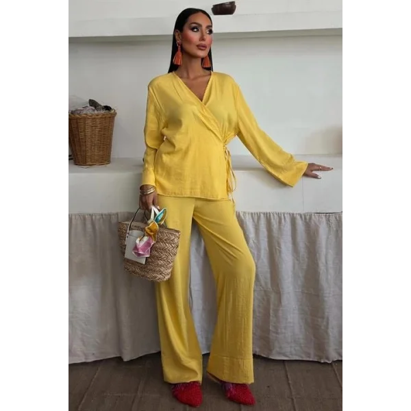 Kruvaze Model Klasik Pantolonlu Çupra Keten Takım 10191