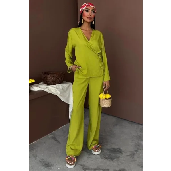 Kruvaze Model Klasik Pantolonlu Çupra Keten Takım 10191