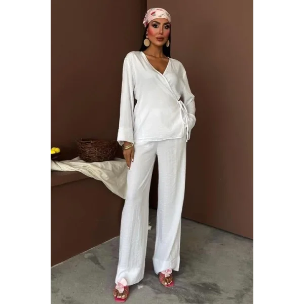 Kruvaze Model Klasik Pantolonlu Çupra Keten Takım 10191