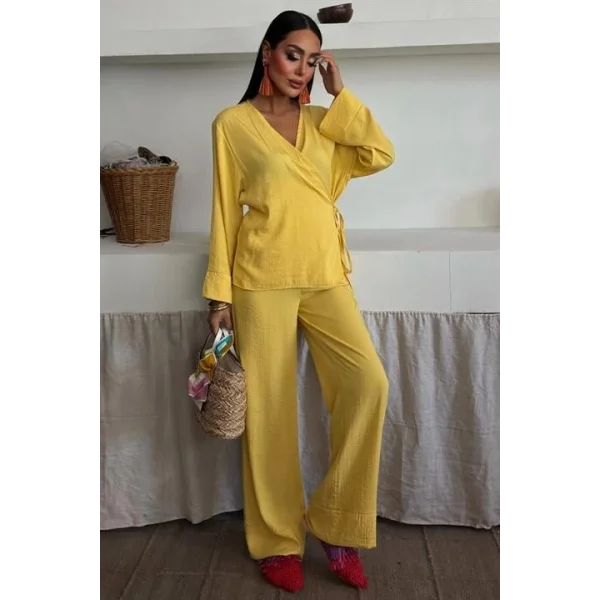 Kruvaze Model Klasik Pantolonlu Çupra Keten Takım 10191