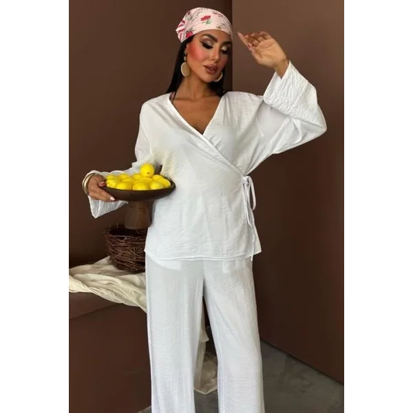 Kruvaze Model Klasik Pantolonlu Çupra Keten Takım 10191