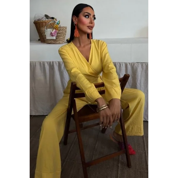 Kruvaze Model Klasik Pantolonlu Çupra Keten Takım 10191